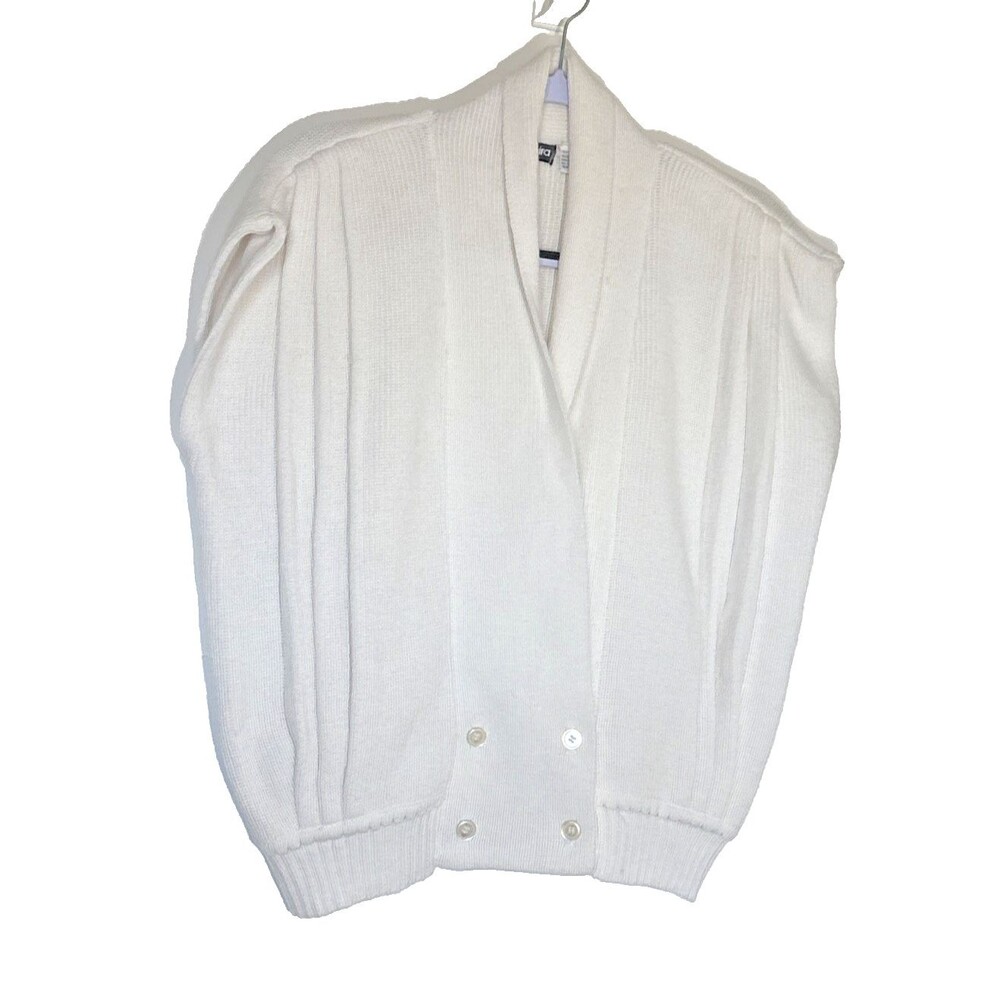 VTG Lady Madeira Womens MED White Pleated Double Breasted Sleeveless‎ Cardigan